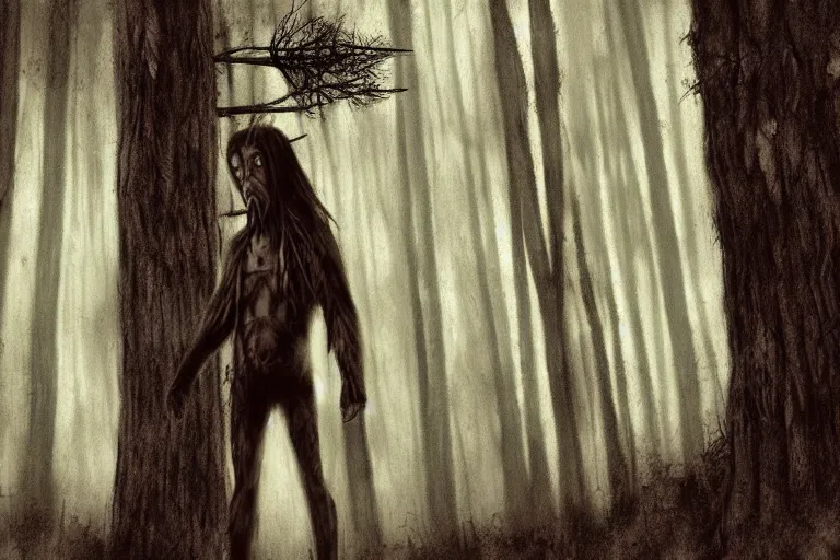 Image similar to mad native american skinwalker in grim forest artwork by ben templesmith