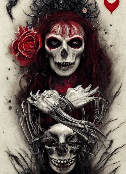 Prompt: Angry Queen of Hearts, Death Tarot card,highly detailed,half skull face,cinematic,8k,by Stanley Artgermm,Tom Bagshaw,Greg Rutkowski,Carne Griffiths, Ayami Kojima, Beksinski, Giger,trending on DeviantArt,hyper detailed,horror, full of colour