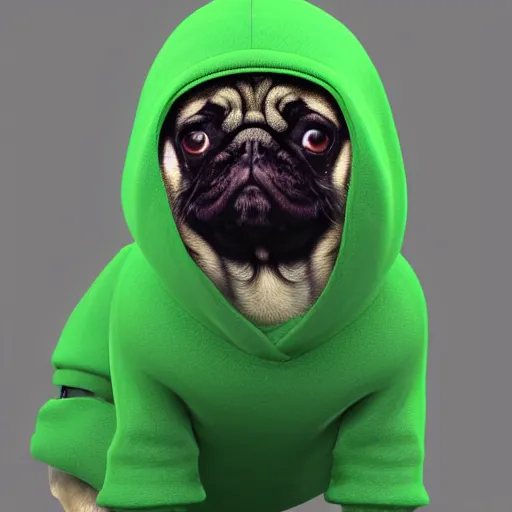 Prompt: a Pug wearing a green hoodie sitting on a couch, photo realistic, trending on artstation, HDR, nicely detailed, 8k