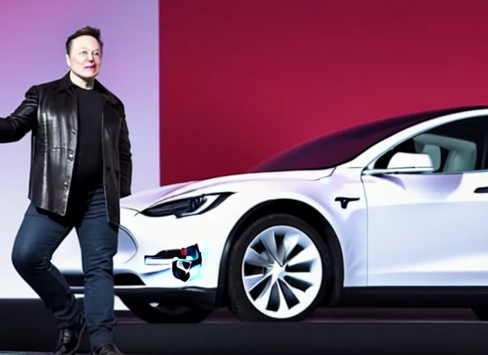 Image similar to elon musk presenting the new tesla wearing a bunny costume, award winning photo