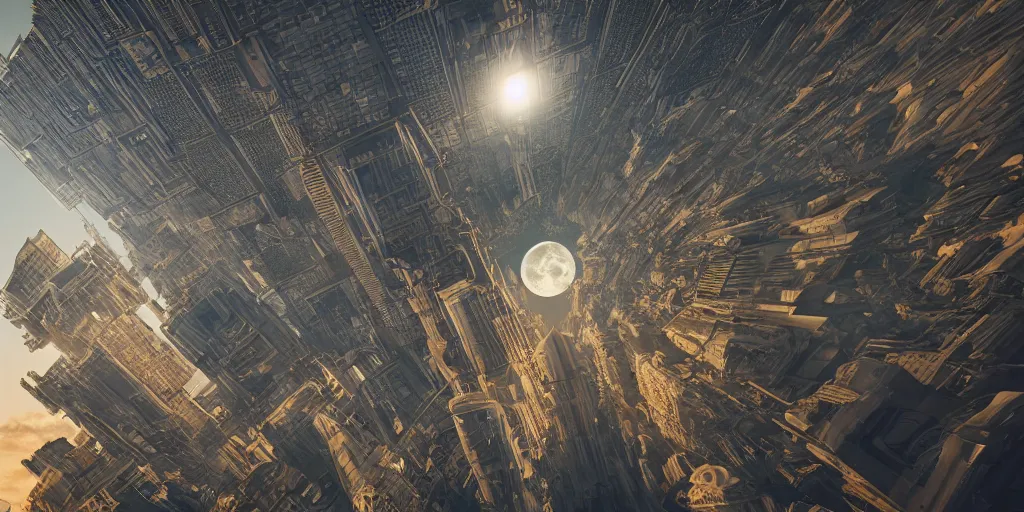 Prompt: human futuristic city, highly detailed,, beautiful architecture greek style, si - fi, golden hour light, two moon on the sky, 8 k, sharp focus, cinematic