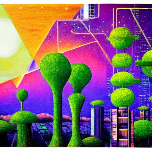 Prompt: photo of a solar punk lush giant plants city, modern architecture, city color scheme, geometry will draw the soul toward the truth and create the spirit of philosophy, galactic nebula, surrealist oil painting