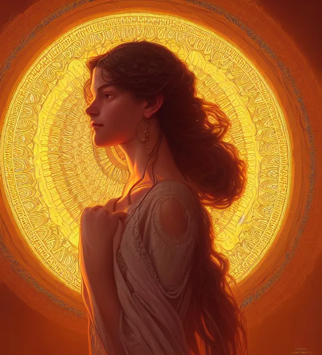 Image similar to symmetry!! portrait of hippie girl, glowing skin mandala!! serene, intricate, elegant, highly detailed, digital painting, artstation, concept art, smooth, sharp focus, illustration, art by artgerm and greg rutkowski and alphonse mucha, 8 k