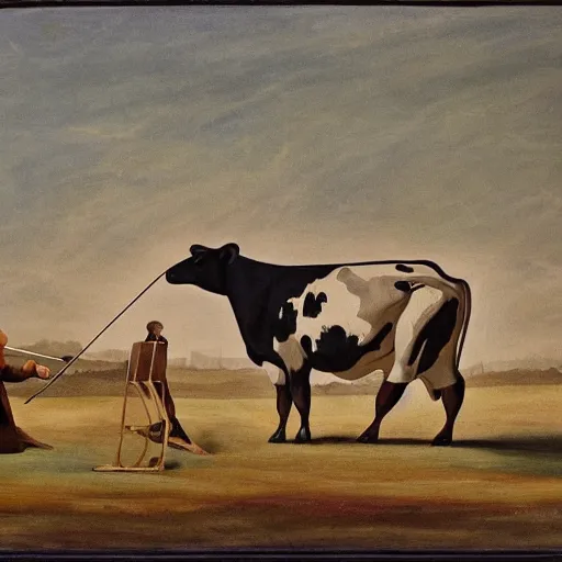 Image similar to painting of a big cow with a long curved neck playing violin in a medivial styled field with three peasants spitting on it's face