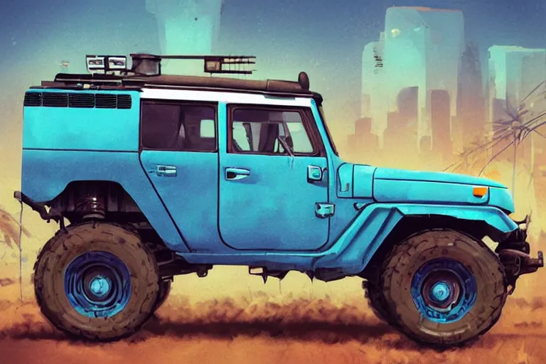 Image similar to digital illustration of a futuristic faded cyan mad max's fj 4 0 decrepit!!!! pursuit special, rusty!!! cyberpunk nissan fj cruiser heavily modded 1 9 9 0 s, the last v 8 interceptor by makoto shinkai, ilya kuvshinov, lois van baarle, rossdraws, basquiat