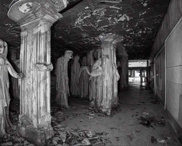 Image similar to camera footage of a several weeping angels, False Human Features, Phasing through walls and floor in an abandoned shopping mall, Psychic Mind flayer, Terrifying, Insanity :7 , high exposure, dark, monochrome, camera, grainy, CCTV, security camera footage, timestamp, zoomed in, Feral, fish-eye lens, Fast, Radiation Mutated, Nightmare Fuel, Ancient Evil, No Escape, Motion Blur, horrifying, lunging at camera :4 bloody dead body, blood on floors, windows and walls :5