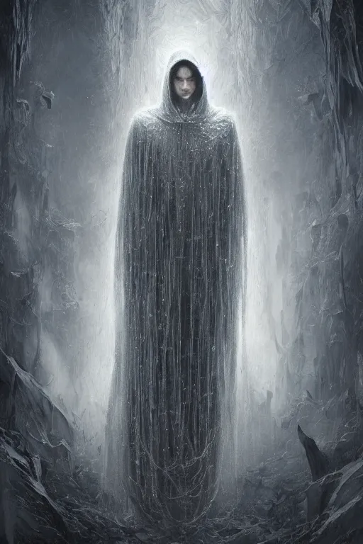 Prompt: realistic portrait of beautifully crystalized and detailed portrait of a ring wraith, matte painting of cinematic movie scene hooded figure, horror, created by gustave dore and greg rutkowski, high detailed, smooth draw, synthwave neon retro, intricate, realistic proportions, dramatic lighting, trending on artstation.