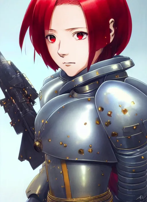 Image similar to portrait of Anime sister of battle, Warhammer 40000, cute-fine-face, red-short-hair pretty face, realistic shaded Perfect face, fine details. Anime. realistic shaded lighting by Ilya Kuvshinov katsuhiro otomo ghost-in-the-shell, magali villeneuve, artgerm, rutkowski, WLOP Jeremy Lipkin and Giuseppe Dangelico Pino and Michael Garmash and Rob Rey and Gustav Klimt