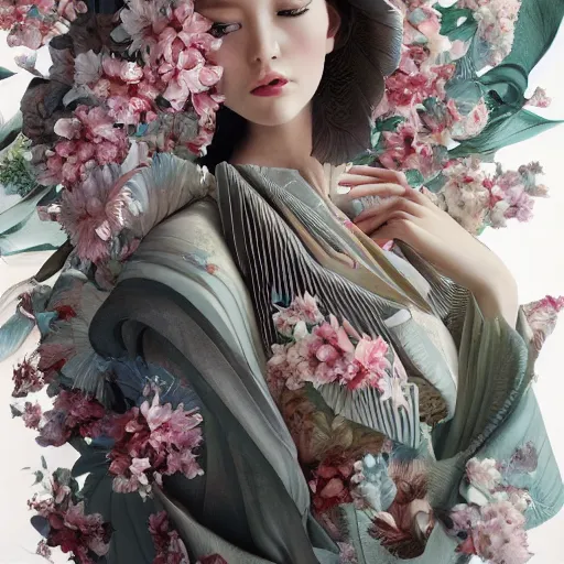 Image similar to full length fashion illustration of a beautiful girl wearing an origami dress, eye - level medium shot, fine floral ornaments in cloth and hair, hummingbirds, elegant, by eiko ishioka, givenchy, by peter mohrbacher, centered, fresh colors, origami, fashion, detailed, serene, dreamy, vogue, japanese, reallusion character creator