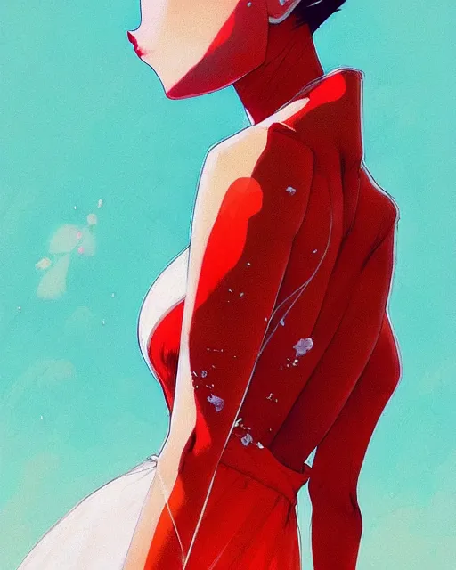 Prompt: close up, captivating, memorable, a ultradetailed beautiful photo of a unique woman wearing a cotton dress standing too too too close, staring at you by conrad roset, greg rutkowski and makoto shinkai trending on artstation