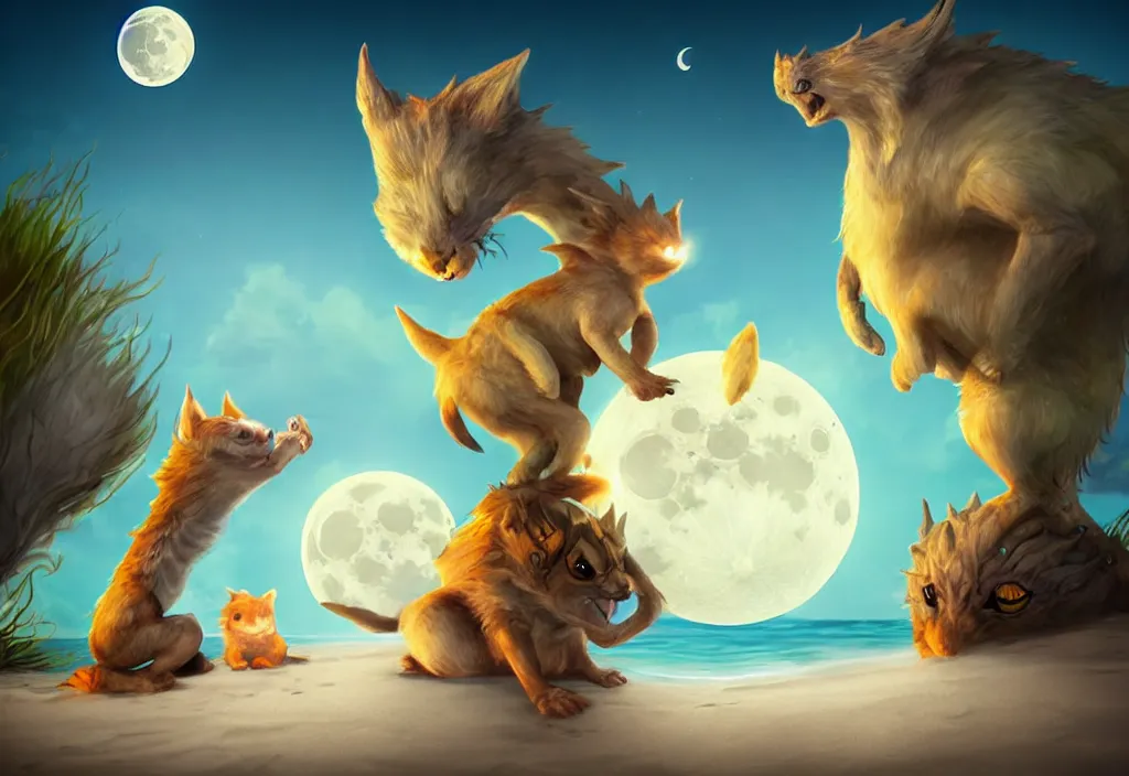 Image similar to cute fantasy critters at the beach looking at the moon, ultra realistic, concept art, highly detailed