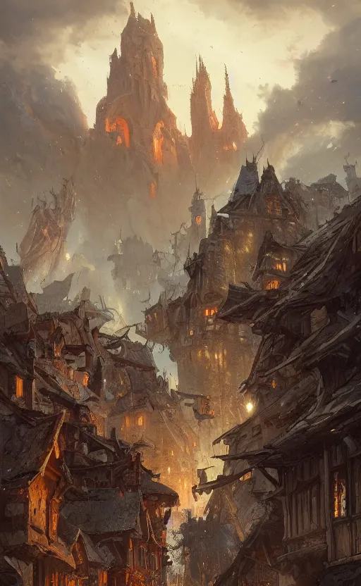 Image similar to a beautiful artwork illustration, a giant monster stepping on a medieval village, destruction, by Greg Rutkowski and Jesper Ejsing and Raymond Swanland, featured on artstation, wide angle, vertical orientation