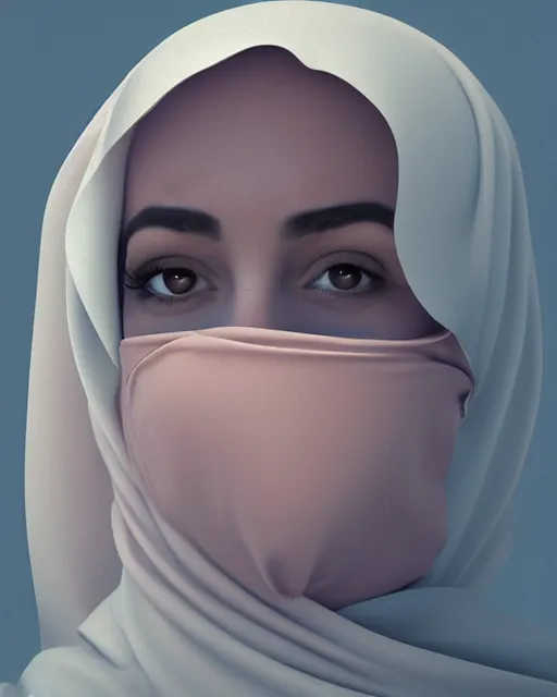 Image similar to Saudi woman wearing a niqab starring at the camera, neutral face, 4k, pastel colours, greek sculpture, by beeple, album cover, accurate