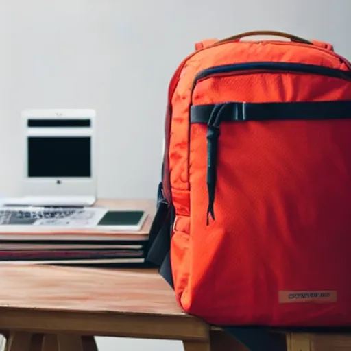 Prompt: a backpack is put under a table, backpack under a table