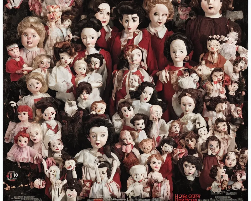 Image similar to a horror movie poster featuring a school full of ceramic dolls