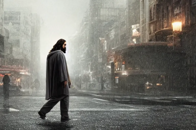 Prompt: a cinematic photograph of jesus walking through a dystopian city street, rain falls, ultra realistic, high definition