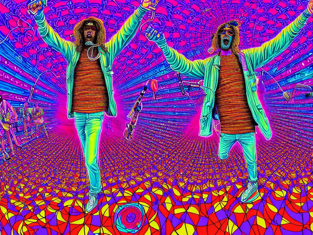 Image similar to rapping on stage at festival, holding microphone, giant crowd, epic angle, happy, psychedelic, hip hop, surreal, neon, vaporwave, detailed, illustrated by Alex Grey, 4k