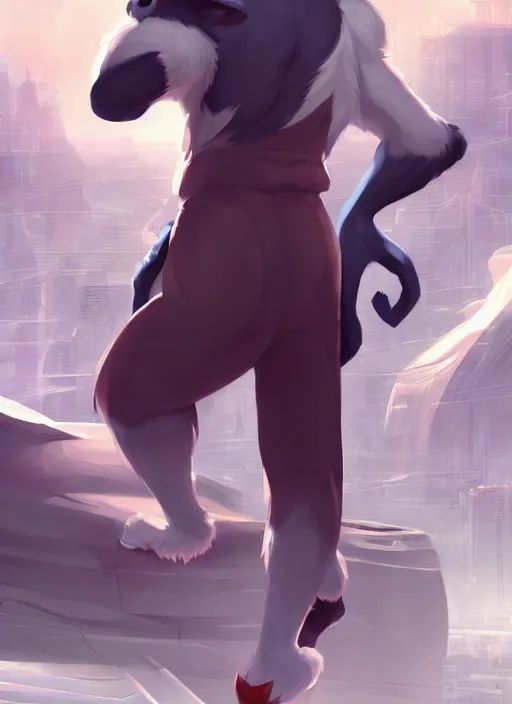 Prompt: character portrait of a male anthro Incineroar fursona with a furry body wearing a dress shirt and slacks in a futuristic city. Character design by charlie bowater, ross tran, artgerm, and makoto shinkai, detailed, inked, western comic book art