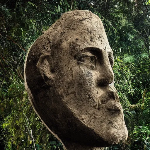 Image similar to head of an ancient floating amongst vines and jungle