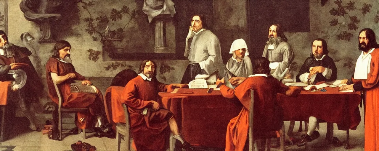 Prompt: rene descartes discussing philosophy with spaghetti, 1 5 0 0 s, kodachrome, in the style of wes anderson, retro