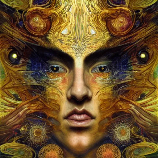 Prompt: Divine Chaos Engine by Karol Bak, Jean Deville, Gustav Klimt, and Vincent Van Gogh, beautiful visionary face portrait, sacred geometry, otherworldly, fractal structures, ornate gilded medieval icon, third eye, spirals