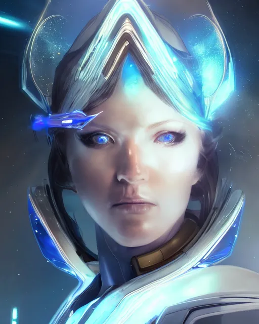 Image similar to perfect android girl on a mothership, warframe armor, beautiful face, scifi, futuristic, galaxy, nebula, raytracing, dreamy, long white hair, blue cyborg eyes, sharp focus, cinematic lighting, highly detailed, artstation, divine, by gauthier leblanc, kazuya takahashi, huifeng huang