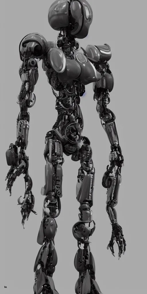 Image similar to a robot is standing in a black and white photo, a 3 d render by senior character artist, cgsociety, afrofuturism, hard surface modeling, cryengine, zbrush