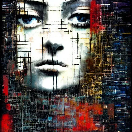 Image similar to portrait of a hooded beautiful women wearing a, mysterious, shadows, by Guy Denning, by Johannes Itten, by Russ Mills, glitch art, hacking effects, chromatic, color blocking, oil on canvas, concept art, abstract