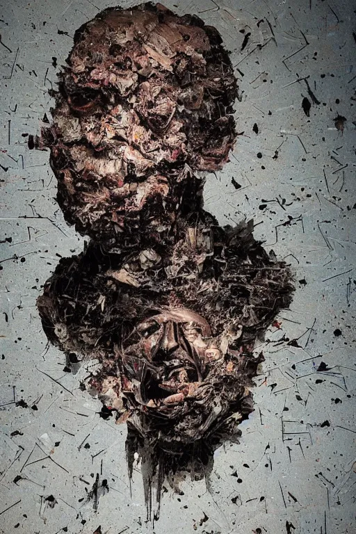 Image similar to a dark high quality studio portrait of an exploding human head made from antique newspaper, intricate, morbid, dark cinematic lighting, surreal photography, simon stalenhag