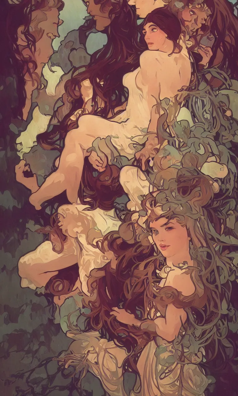 Image similar to cavemen discovering the iphone, ambient lighting, 4k, alphonse mucha, lois van baarle, ilya kuvshinov, rossdraws, artstation