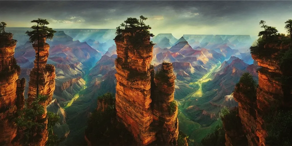 Image similar to Grand Canyon, Zhangjiajie National Forest Park, cinematic lighting, detailed oil painting, hyperrealistic, 8k