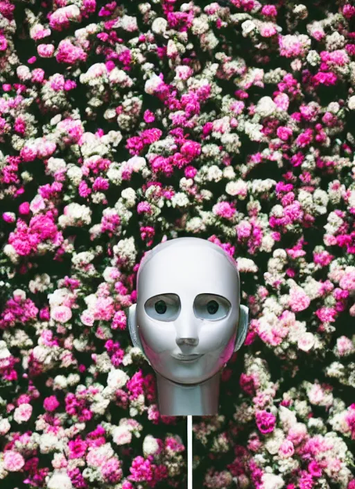 Prompt: a portrait photograph of a robot head in front of a wall of flowers designed by Balenciaga, 35mm, pentax, studio