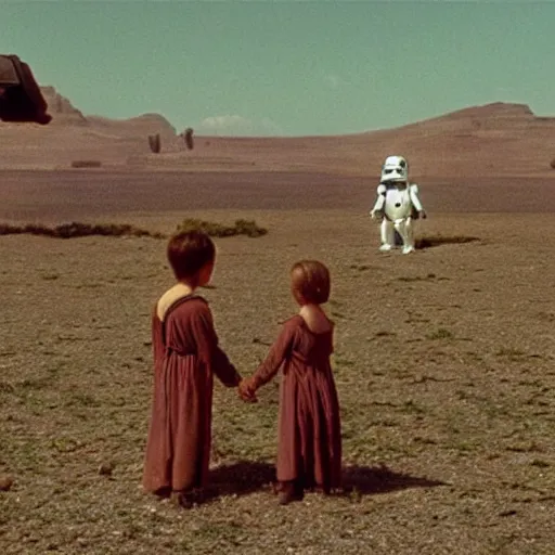 Image similar to wide scenic shot from the scene from the David Lynch production of star wars where the conjoined children play. The children are conjoined at the head and neck, they share one head. Cinematic, VHS copy, film grain, 35mm film.