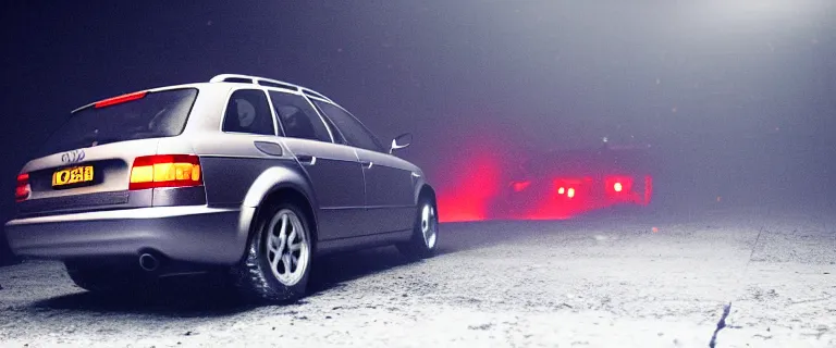 Image similar to Audi A4 B6 Avant (2002), eldritch horror anomaly, a gritty neo-noir, dramatic lighting, cinematic, eerie person, death, homicide, homicide in the snow, gunshots, establishing shot, extremely high detail, photorealistic, red fog, chaos, arson, burning city, cinematic lighting, artstation, by simon stalenhag, Max Payne (PC) (2001) winter New York at night, In the style of Max Payne 1 graphic novel, flashing lights, Poets of the Fall - Late Goodbye