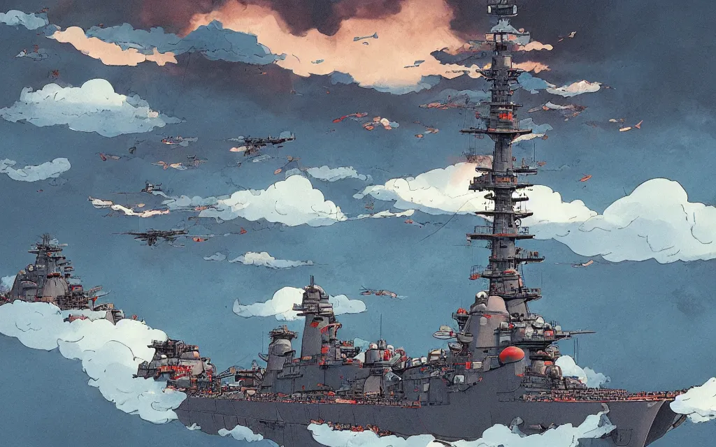 Image similar to japanese battleship yamato flying between the clouds, in the style of james jean and laurie greasley, dynamic composition, dramatic lighting, ultra detailed