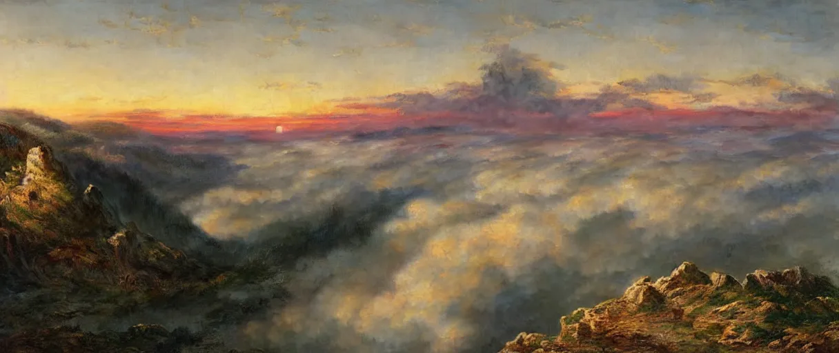 Image similar to a photorealistic breathtaking aerial view of the eastern alps mountain range at sunset, cliffs, fog, hyperrealism, highly detailed, intricate, cinematic, front facing camera, cinematic, epic lighting, 8 k by frederic church, albert bierstadt