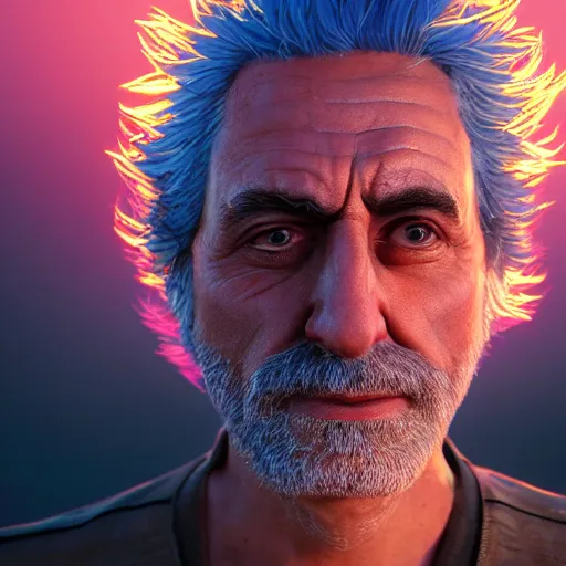 Image similar to portrait art of rick sanchez 8 k ultra realistic, lens flare, atmosphere, glow, detailed, intricate, full of colour, cinematic lighting, trending on artstation, 4 k, hyperrealistic, focused, extreme details, unreal engine 5, cinematic, masterpiece