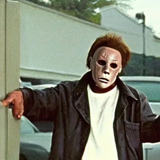 Prompt: Michael Myers holds open a car door. Movie still, realistic, grainy.