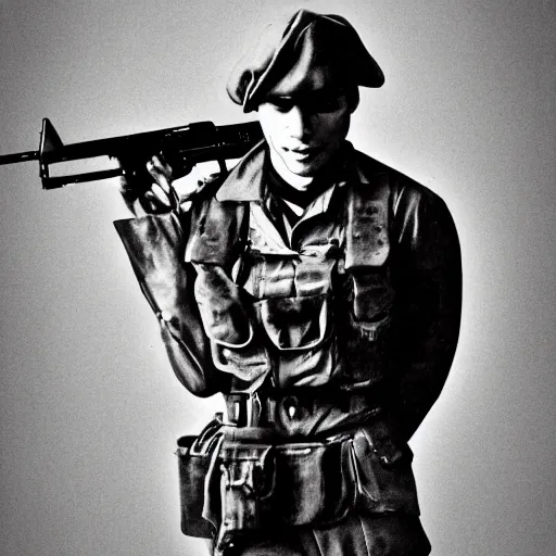 Prompt: A portrait of a man holding a mg42 machine gun in military attire. Black and white, grainy, hyper detailed.