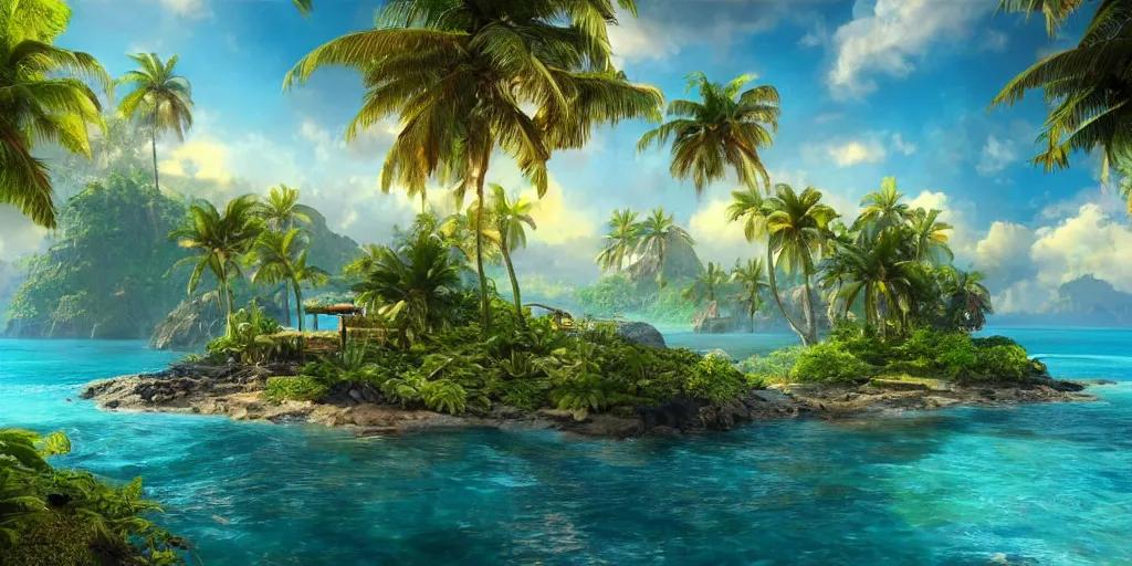 Prompt: a hyper realistic professional photographic view picture of a tropical island, photographic filter unreal engine 5 realistic hyperdetailed 8k ultradetail cinematic concept art volumetric lighting, fantasy artwork, very beautiful scenery, very realistic painting effect, hd, hdr, cinematic 4k wallpaper, 8k, ultra detailed, high resolution, artstation trending on artstation in the style of Albert Dros glowing rich colors powerful imagery nasa footage drone footage drone photography