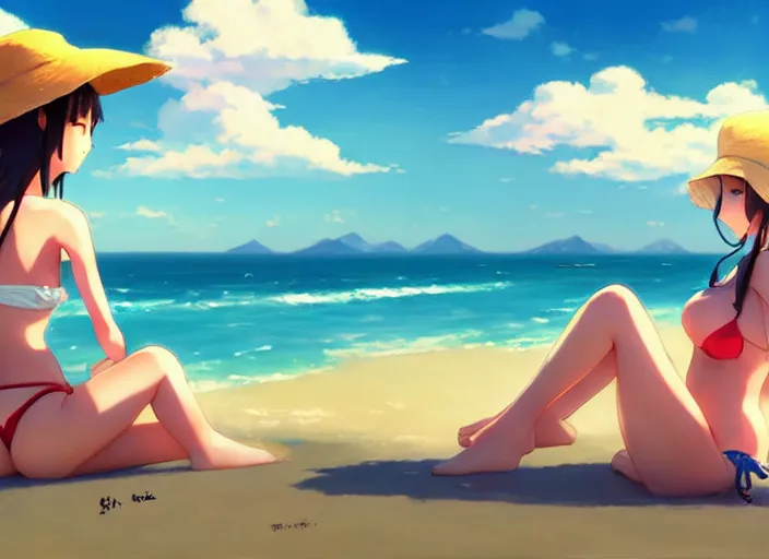 Prompt: a cute girl in a bikini and sunhat sitting on a towel on the beach, rocky mountains far in the distance, fluffy clouds on the horizon, by makoto shinkai an krenz cushart