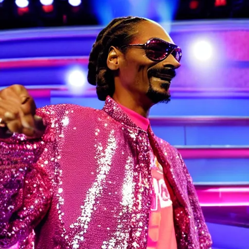 Image similar to Snoop Dogg wearing a pink sequin jacket and a sombrero, standing hosting a game show stage, studio lighting