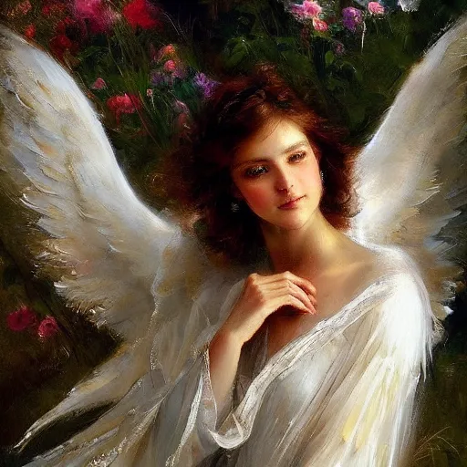 Image similar to beautiful portrait of an angel with beautiful face and her huge white wings spread out gracefully, painted by daniel gerhartz, highly detailed, beautiful warm illumination, graceful and elegant, ethereal