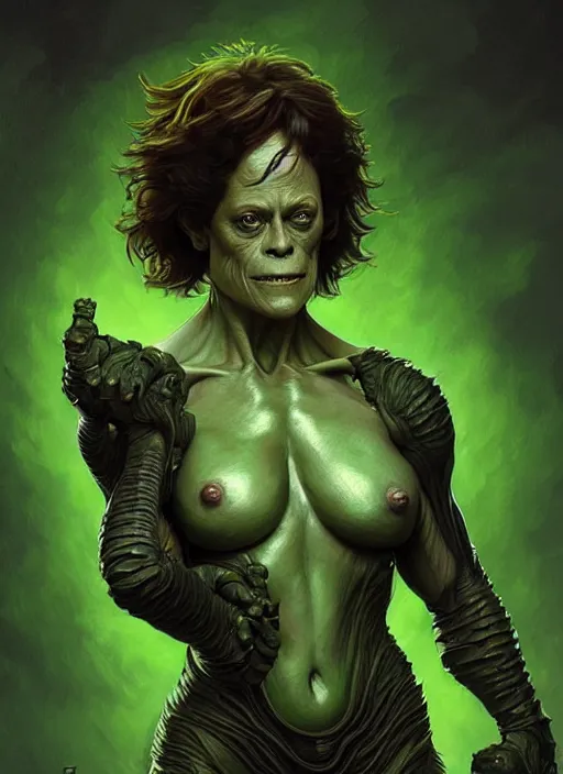 Prompt: portrait of sigourney weaver as a goblin, d & d, muscular! green, fantasy, intricate, elegant, highly detailed, digital painting, artstation, concept art, smooth, sharp focus, illustration, art by artgerm and greg rutkowski and alphonse mucha