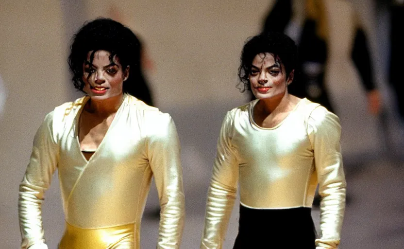 Prompt: 1992 michael jackson wearing a golden fencing leotard