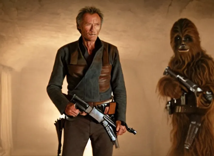 Prompt: film still of clint eastwood!!! man with no name!! as han solo aiming a gun in new star wars, inside a tavern, 4 k