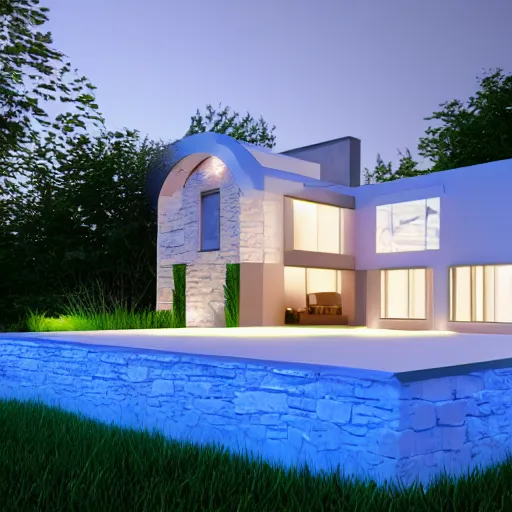 Image similar to crystal ball with mini modern house with led strip lights inside it, octane render hyperdetailed,