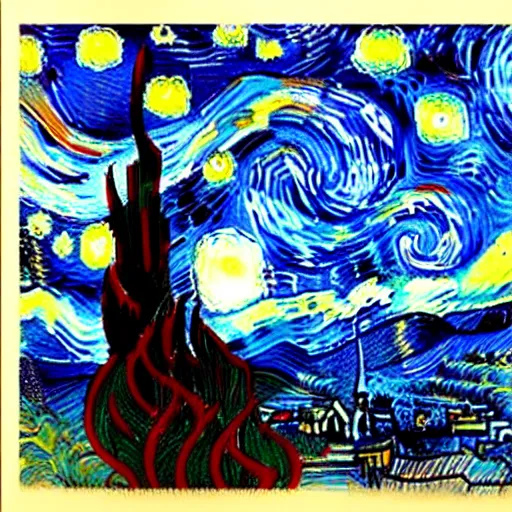 Image similar to a painting of a starry night over a martian cooling by vincent van gogh, featured on pixiv, futurism, sci - fi, post - impressionism, impressionism, painterly, detailed painting