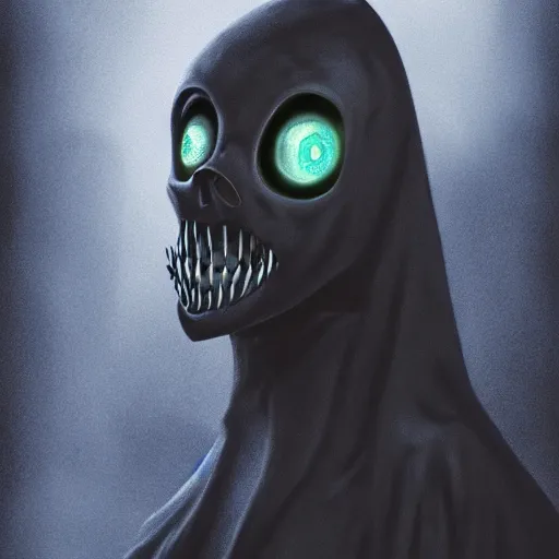 Prompt: award - winning. trending on artstation. 4 k. eerie tone. a mouthless shadowy figure wearing a hooded cape made of the night sky with 1 5 dark blue glowing eyes on its face and rows of teeth on its chest. full - body. portrait.