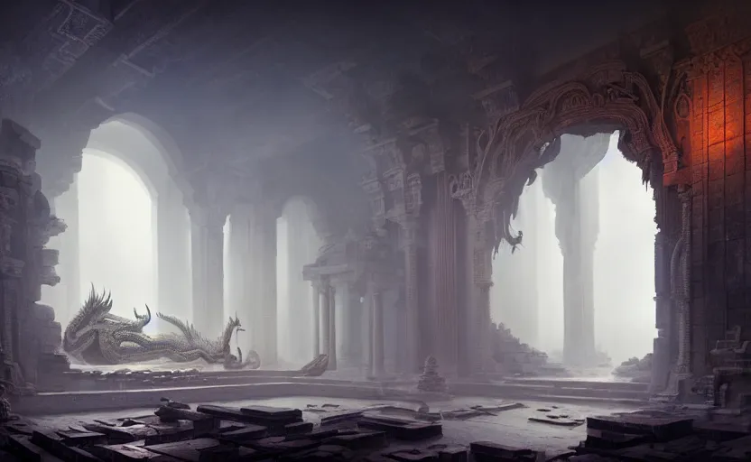 Image similar to The interior of an mytical and ancient temple dragons in ruins, atmospheric lighting, fog, mysterious, arem, intricate, elegant, volumetric lighting, digital painting, highly detailed, artstation, sharp focus, illustration, concept art, ruan jia, steve mccurry